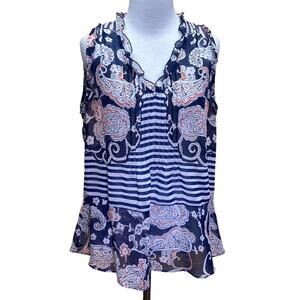CAbi Peplum Paisley Striped Ruffle Sleeveless Blouse Top Size XS #5349
